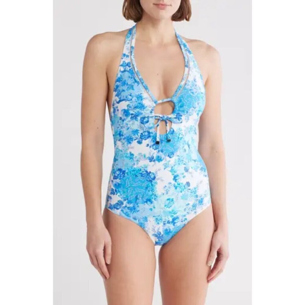 NWT SEA LEVEL Daisyfield Keyhole Halter One-Piece Swimsuit Blue Floral 6